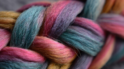 Colorful ombrÃ© hair woven into a mermaid braid pattern, close-up on strand details