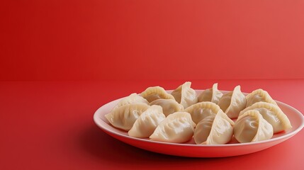 3d rendering, a plate of dumplings close-up, red background, large area of white space, fresh and clean picture