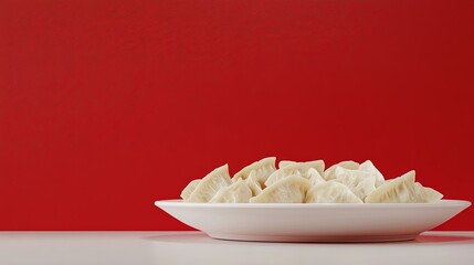 3d rendering, a plate of dumplings close-up, red background, large area of white space, fresh and clean picture