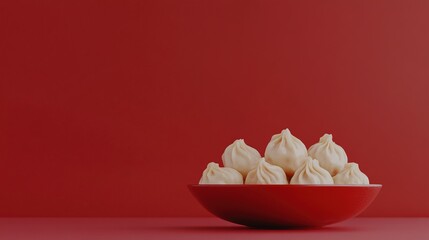 3d rendering, a plate of dumplings close-up, red background, large area of white space, fresh and clean picture