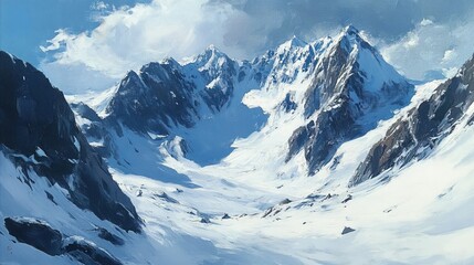 Realistic landscape painting of a snowy mountain range, the cool whites and blues of the snow contrasting with the dark shadows of the rocks.