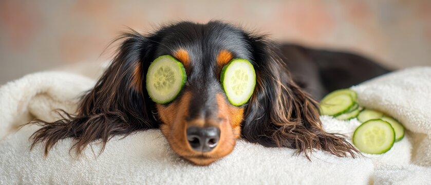 The adorable dachshund relaxing with cucumber slices for a spa treatment.