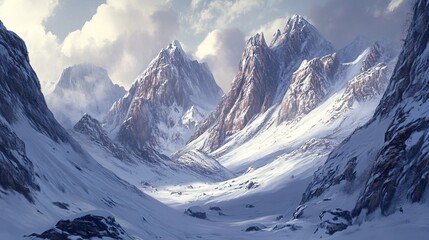 Realistic landscape painting of a mountain range, detailed textures of rocks and snow, with soft lighting casting long shadows.