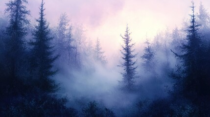 Realistic landscape painting of a misty forest at dawn, soft purples and blues blending in the fog, with detailed textures of trees and foliage.