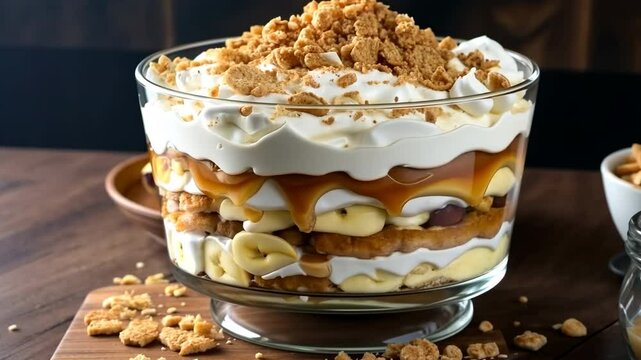 Banana pudding dessert layered with whipped cream, caramel, cookies and wafer crumbles