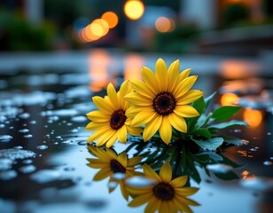 this photograph features two flowers in sharp focus, nestled near the edge of a puddle, the flowers have bright yellow petals and dark centers, and are covered in water droplets