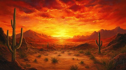 Realistic landscape painting of a desert at sunset, vibrant oranges and reds blending in the sky, with detailed textures of sand dunes and cacti.