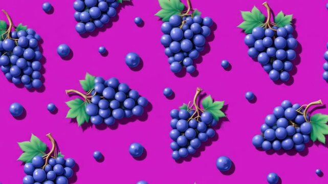 Seamless pattern of grapes in bunches and single grapes, flat vector style, background color violet