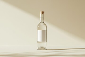 Clear glass bottle with blank label, sunlit backdrop