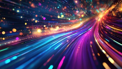 Abstract digital speed lines of vibrant colors with glowing particles