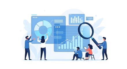 A business analytics concept with charts, graphs, and a magnifying glass