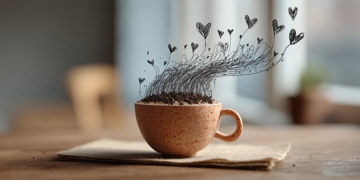 Cup of ground coffee with whimsical hand-drawn hearts swirling, ideal for coffeehouse branding visuals.