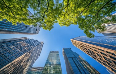 Urban green spaces, modern skyscrapers, and a vibrant blue sky. Low angle view looking upward at tall glass office buildings framed by lush green trees