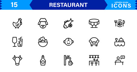 Professional Restaurant Icon Collection Featuring Food, Dining, Chef, Menu, and Kitchen Tools in a Clean, Marketable Vector Format for Stock Use