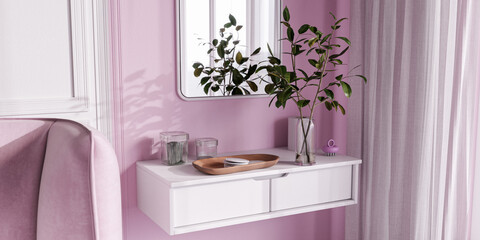 Elegant Pink Bedroom Interior with Modern Minimalist Design 3D Render Architectural Visualization