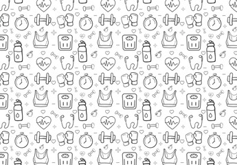  Seamless workout sport pattern. Fitness and gym icons pattern background. healthy and fitness lifestyle pattern.
