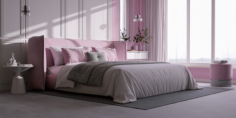 Elegant Pink Bedroom Interior with Modern Minimalist Design 3D Render Architectural Visualization
