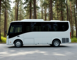 Fototapeta premium Realistic mockup of a modern bus in a lush jungle setting. Perfect for eco-tourism visuals, nature branding, and outdoor transit marketing.