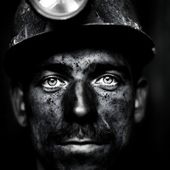 Miner's Portrait: Close-Up of a Worker in a Coal Mine Helmet