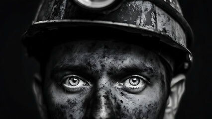 Miner's Portrait: Close-Up of a Worker in a Coal Mine Helmet