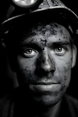 Miner's Portrait: Close-Up of a Worker in a Coal Mine Helmet