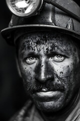 Miner's Portrait: Close-Up of a Worker in a Coal Mine Helmet
