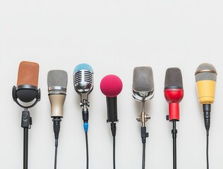 Row of vintage-style microphones in various colors