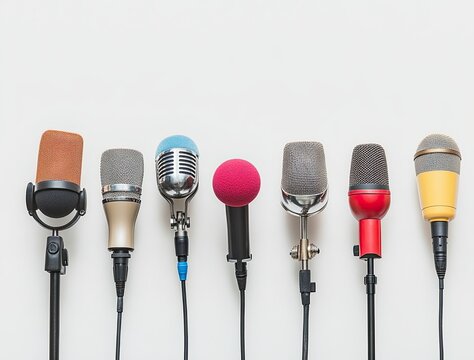 Row of vintage-style microphones in various colors