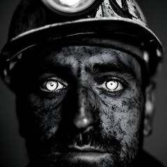 Miner's Portrait: Close-Up of a Worker in a Coal Mine Helmet