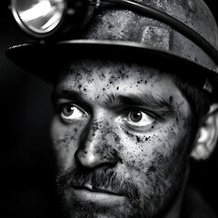 Miner's Portrait: Close-Up of a Worker in a Coal Mine Helmet