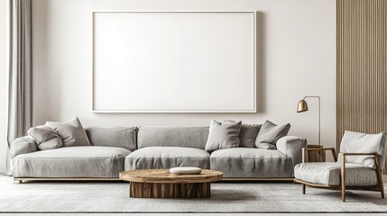 Light-filled living room interior showcasing a gray sectional sofa and armchair.