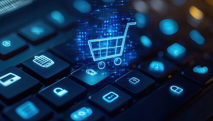Shopping cart icon hovers over a laptop keyboard.  Digital, glowing shopping cart symbol, overlayed on computer keys, showcasing online shopping.  Tech, ecommerce concept