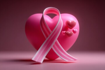 A minimalist 3D render of a pink ribbon looping around a heart, representing unity and breast cancer support.