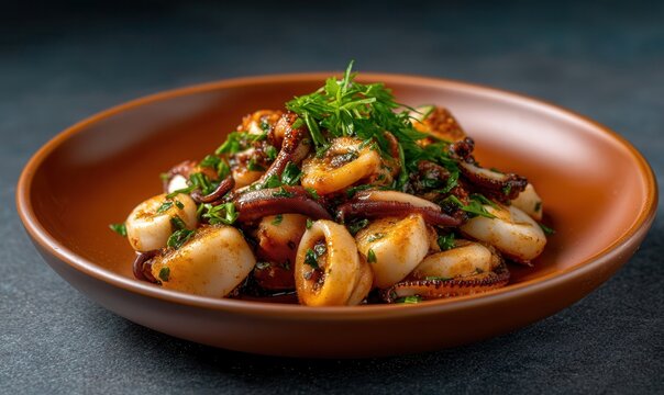 Indulge in seppie al nero showcasing tender squid simmered in rich black ink and garlic served on a rustic clay plate, perfect for seafood lovers