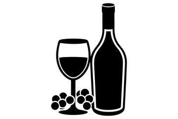 Silhouette Vector Art Illustration of Wine Bottle and Glass with Grapes