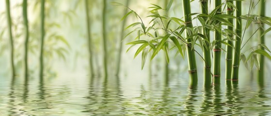 The serene bamboo forest reflecting beautifully on calm water.