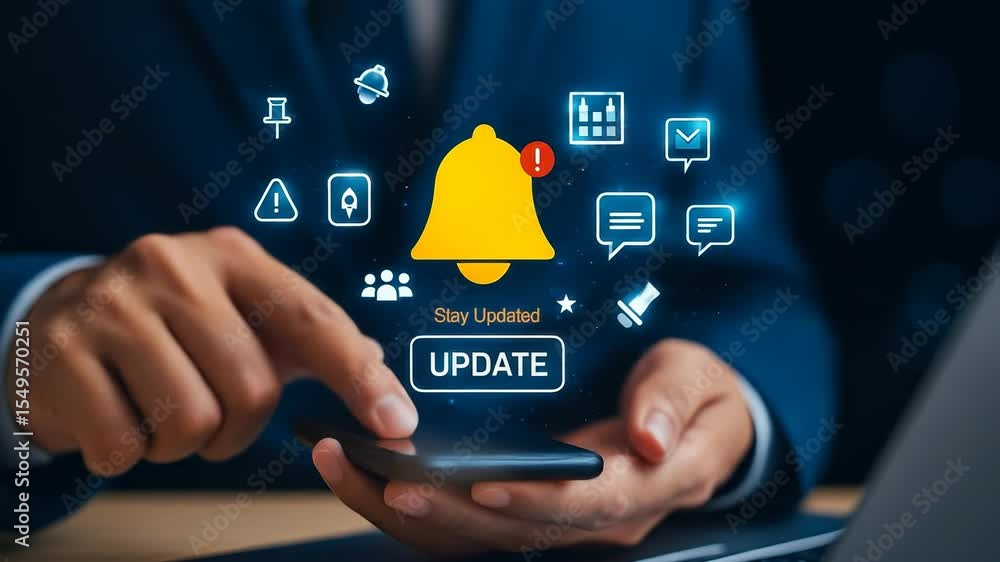 Poster stay updated with notification update alert smartphone as hand interacts with digital technology for