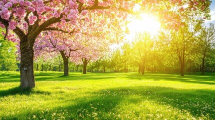 Naklejka premium Spring blossoms, sunlit meadow