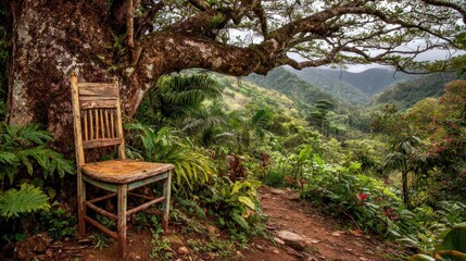 Obraz premium Rustic wooden chair beneath a large tree, lush valley view