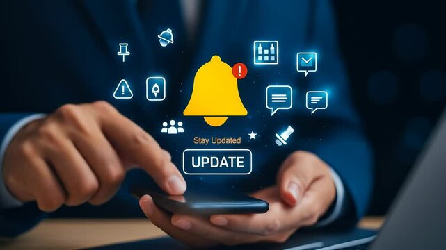 Stay updated with notification update alert smartphone as hand interacts with digital technology for communication business professional settings, featuring modern interface, glowing icons
