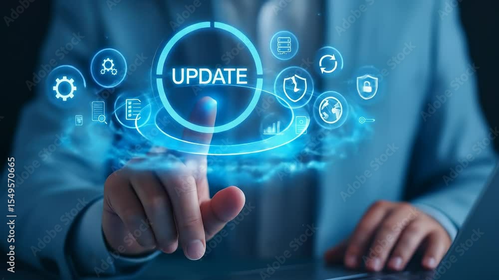Poster Update technology software digital innovation progress business futuristic interface touchscreen concept with glowing blue icons and businessperson interacting with virtual screen for modern