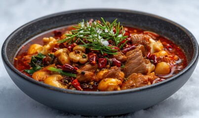 Fototapeta premium Bubbling Sichuan hot pot with red chili broth, beef slices, mushrooms, and tofu garnished with dried chilis and peppercorns on a matte obsidian plate