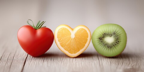 Red tomato, orange slice, and green kiwi in heart shapes on wooden table, perfect for nutrition branding and menu design.
