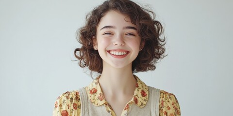 A young woman with curly hair smiles at the camera, wearing a floral patterned blouse against a neutral background.