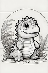 Fototapeta premium Round cute dinozour , hand-drawn simple line art, black and white, no background, cute and clean design for coloring book, applique craft,Generative Ai 