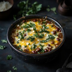 A bowl of homemade chili with kidney beans, ground beef, and melted cheese, garnished with fresh herbs