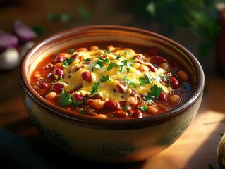 A bowl of homemade chili with kidney beans, ground beef, and melted cheese, garnished with fresh herbs