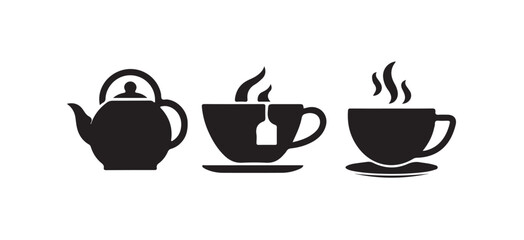 Tea cup icon bundle set, hot tea or coffee cup line art vector illustration on white background