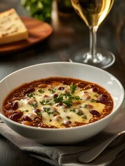 A bowl of homemade chili with kidney beans, ground beef, and melted cheese, garnished with fresh herbs