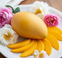 mango fruit with flowers and sliced ​​mangoes